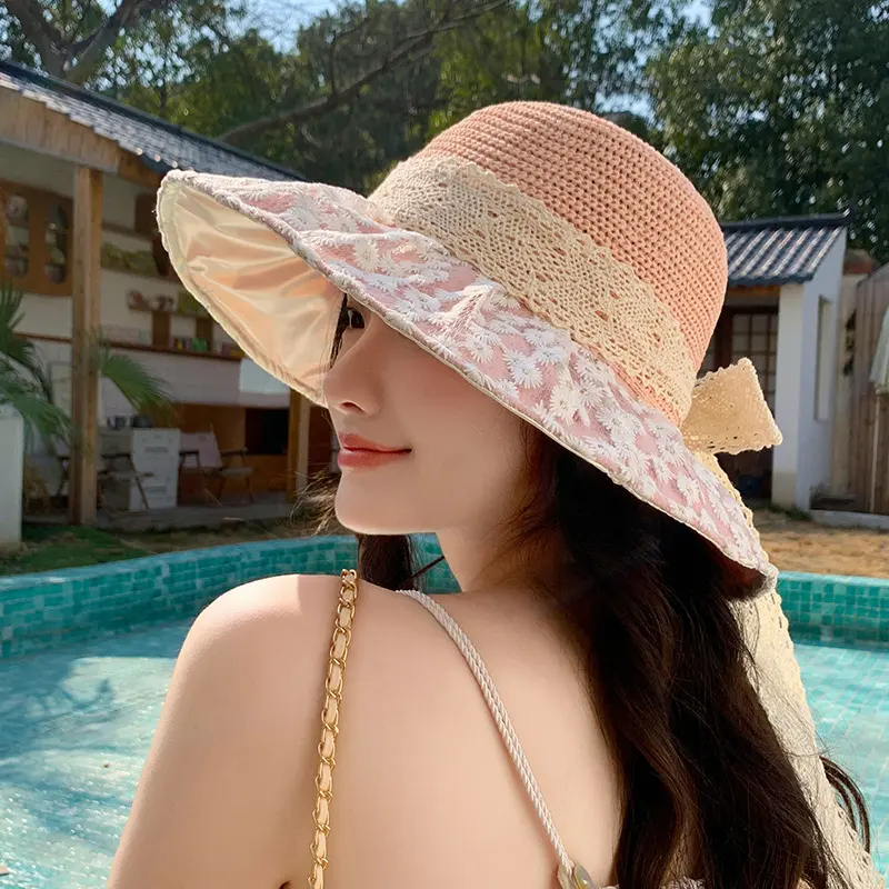 New Ribbon Bow Lace Large Eave Sunshade Fisherman Hat Women's Korean Version Elegant And Versatile Sun Protection Basin Hat