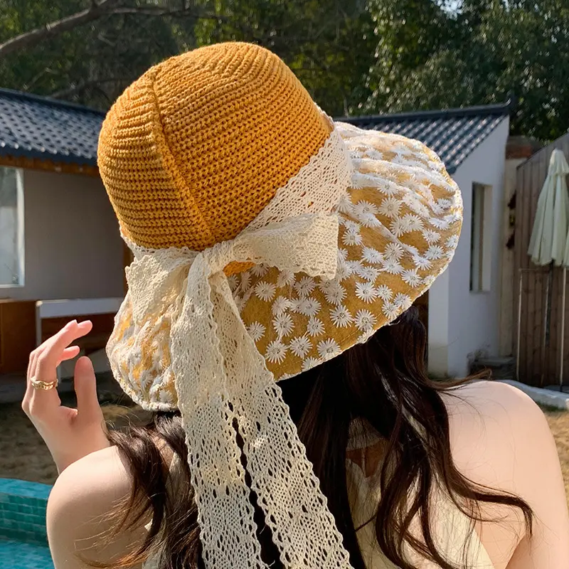 New Ribbon Bow Lace Large Eave Sunshade Fisherman Hat Women's Korean Version Elegant And Versatile Sun Protection Basin Hat