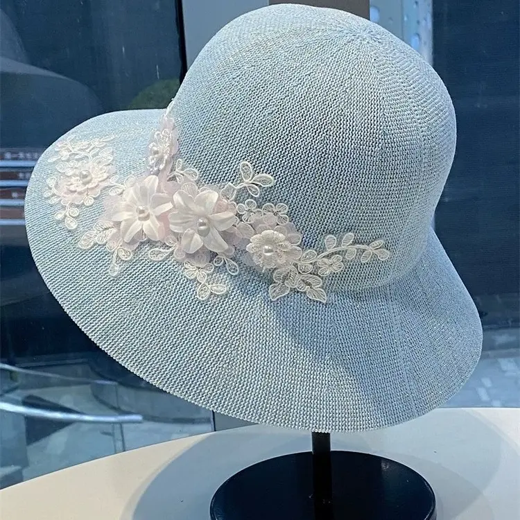 Korean Pearl Lace Flower Fisherman Hat, Elegant and Versatile for Women, Sunshade and Sun Protection Sun Hat