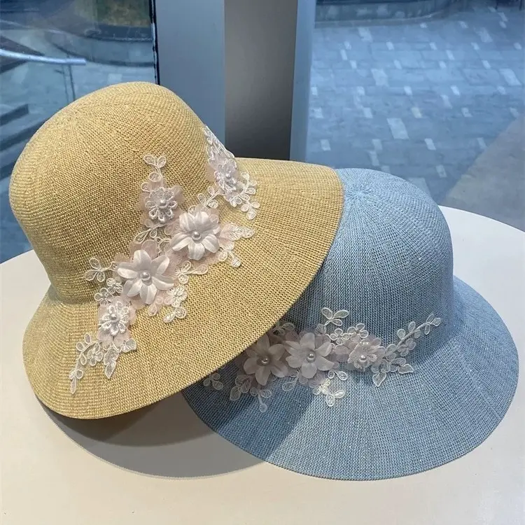 Korean Pearl Lace Flower Fisherman Hat, Elegant and Versatile for Women, Sunshade and Sun Protection Sun Hat