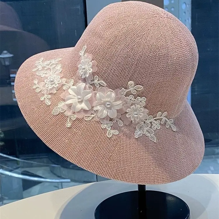 Korean Pearl Lace Flower Fisherman Hat, Elegant and Versatile for Women, Sunshade and Sun Protection Sun Hat