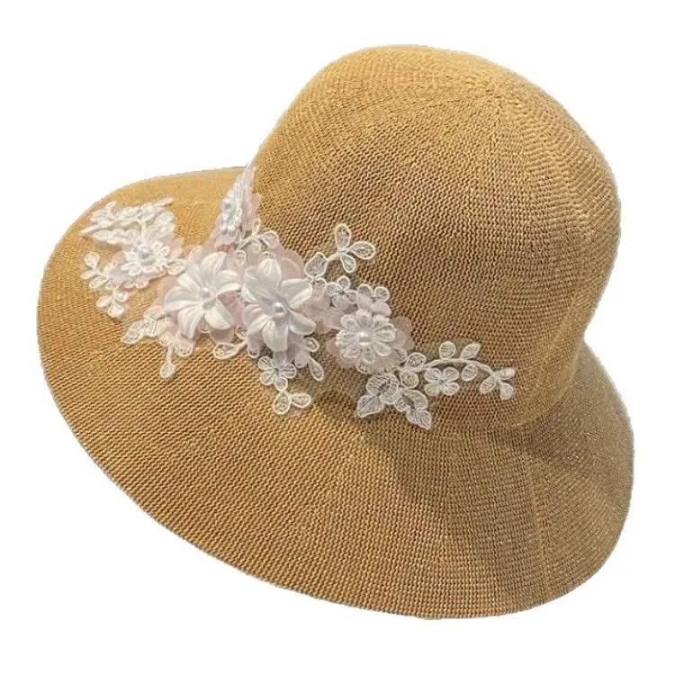 Korean Pearl Lace Flower Fisherman Hat, Elegant and Versatile for Women, Sunshade and Sun Protection Sun Hat