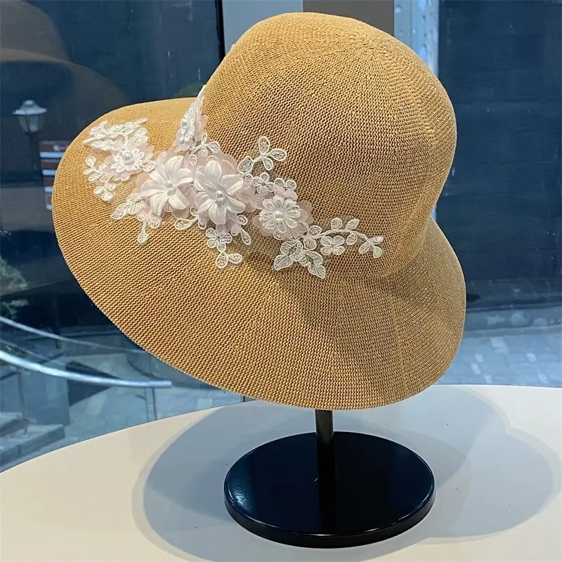 Korean Pearl Lace Flower Fisherman Hat, Elegant and Versatile for Women, Sunshade and Sun Protection Sun Hat