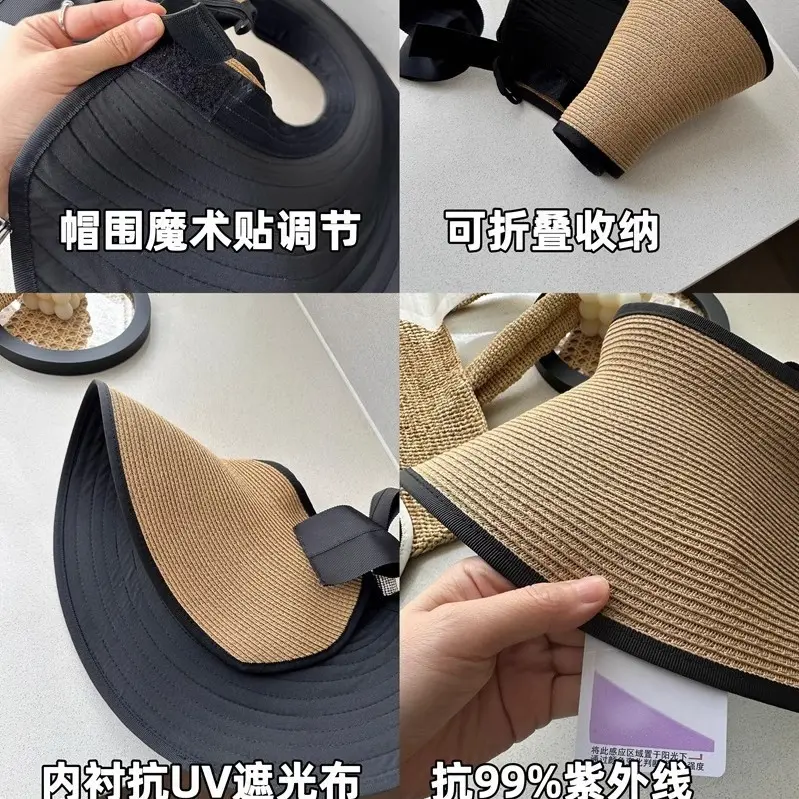 Large Brimmed Sun Protection Straw Hat, Women's Foldable Sun Protection Hat, UV Resistant Empty Top Hat, Beach Vacation Hat