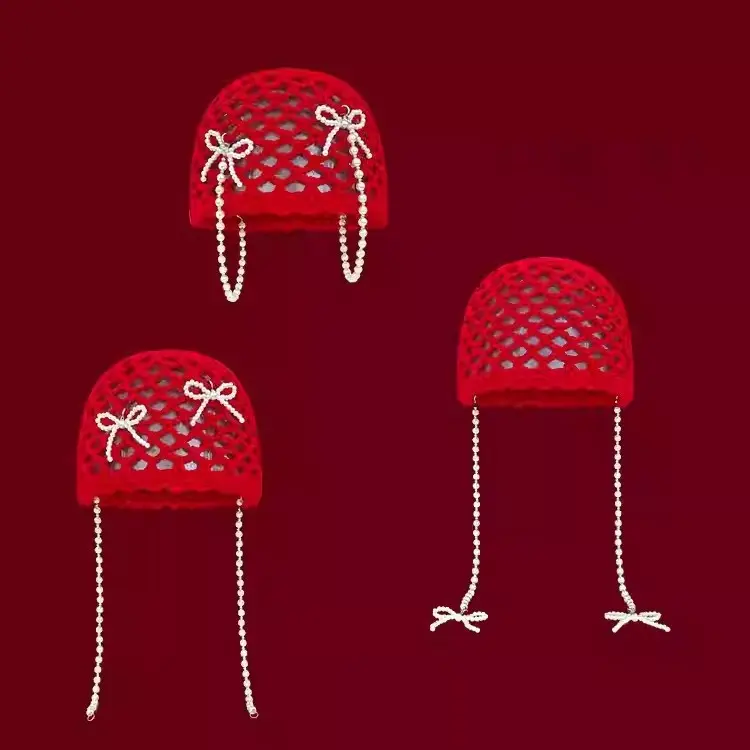 Korean Designer Butterfly Bow Pearl Chain Detachable Red Toe Cap, Children's Hand Woven Yarn Knitted Hat