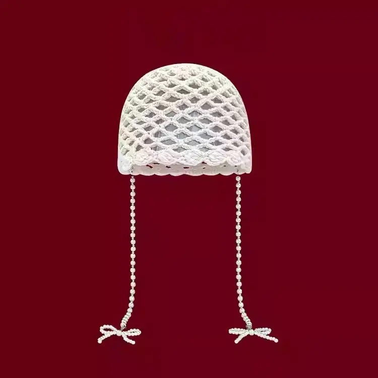 Korean Designer Butterfly Bow Pearl Chain Detachable Red Toe Cap, Children's Hand Woven Yarn Knitted Hat