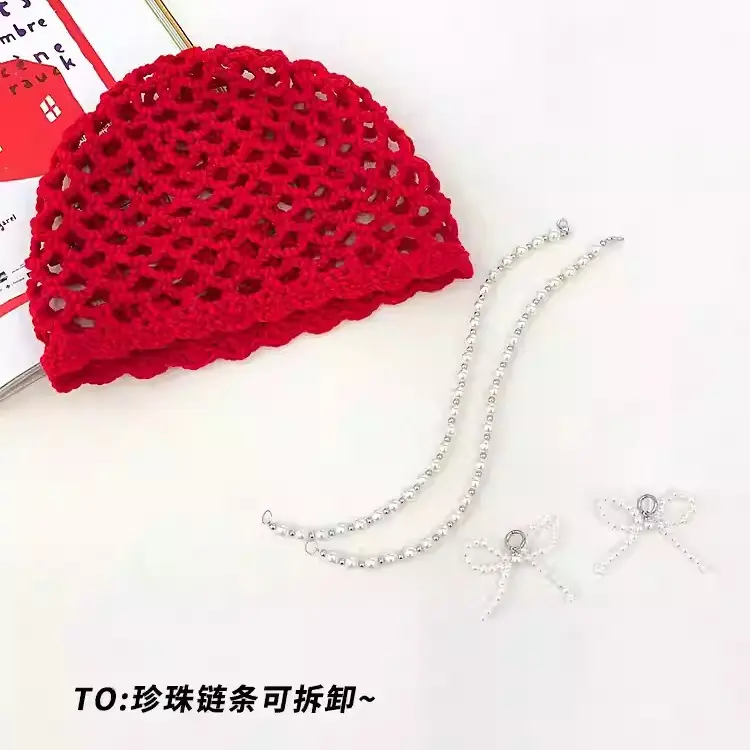 Korean Designer Butterfly Bow Pearl Chain Detachable Red Toe Cap, Children's Hand Woven Yarn Knitted Hat