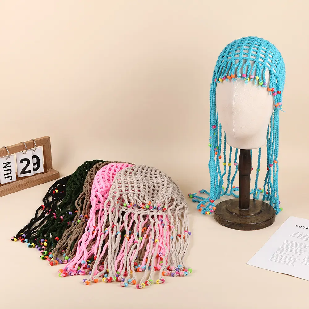 Handmade Tassel Beaded Beanies Hats For Women Girl Summer Retro Hollow Crochet Hat Photo Props Fashion Accessories Pullover Caps