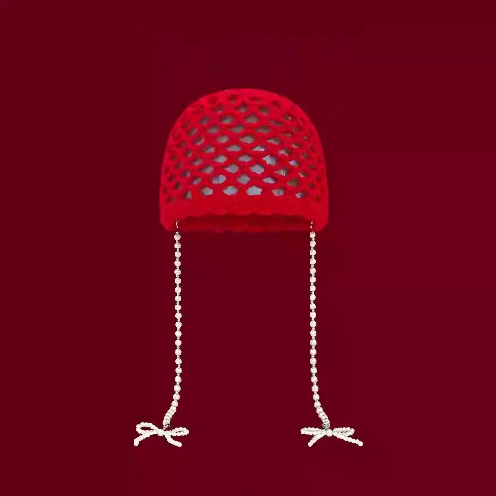 Korean Designer Butterfly Bow Pearl Chain Detachable Red Toe Cap, Children's Hand Woven Yarn Knitted Hat