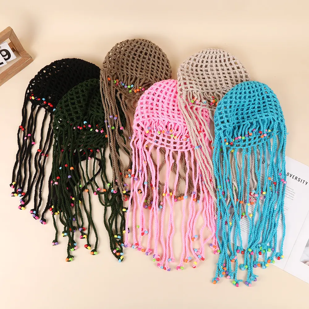 Handmade Tassel Beaded Beanies Hats For Women Girl Summer Retro Hollow Crochet Hat Photo Props Fashion Accessories Pullover Caps