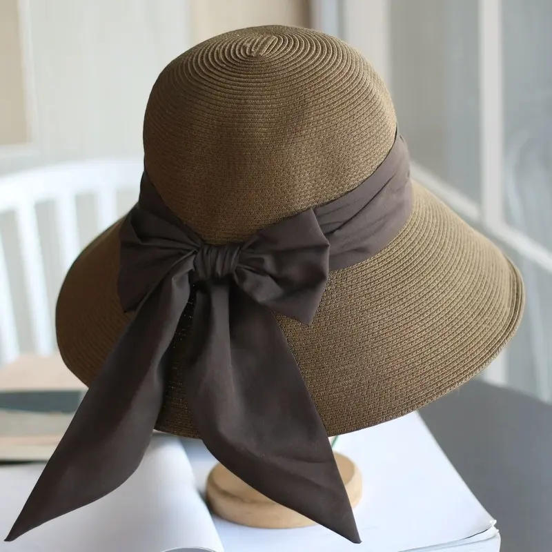 Korean Style Large Eave Bow Ribbon Beach Vacation Straw Hat Elegant Foldable Sun Protection And Face Covering Fisherman Hat