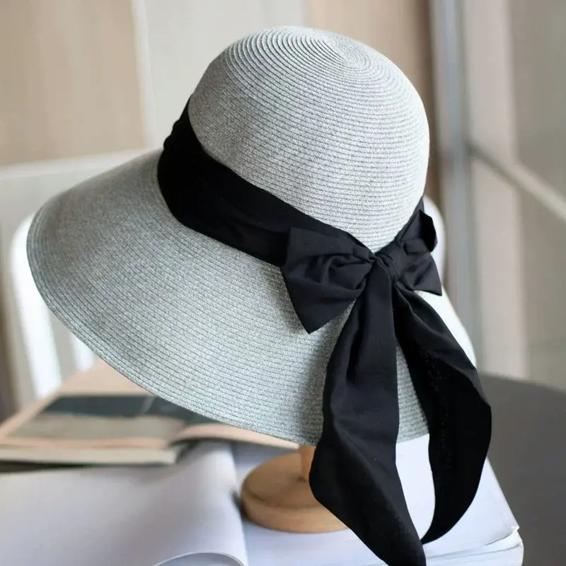 Korean Style Large Eave Bow Ribbon Beach Vacation Straw Hat Elegant Foldable Sun Protection And Face Covering Fisherman Hat