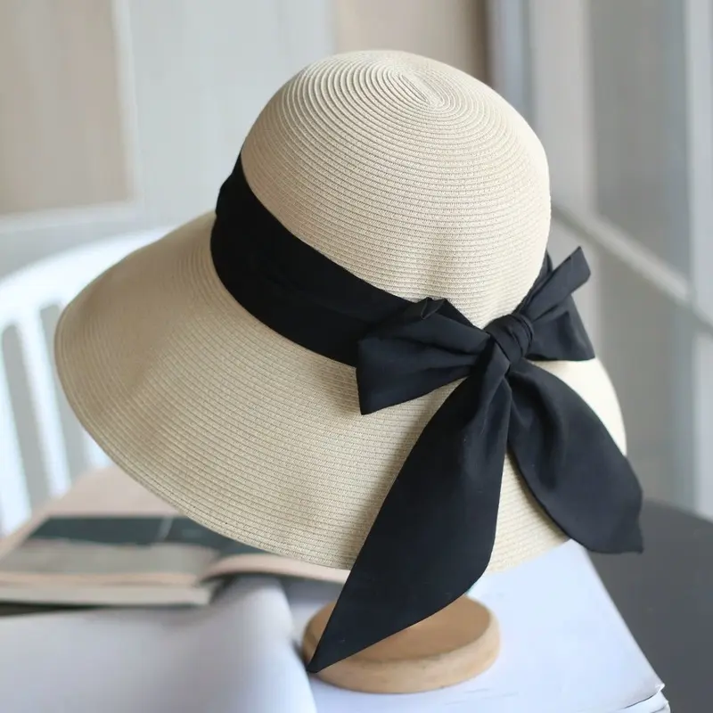 Korean Style Large Eave Bow Ribbon Beach Vacation Straw Hat Elegant Foldable Sun Protection And Face Covering Fisherman Hat