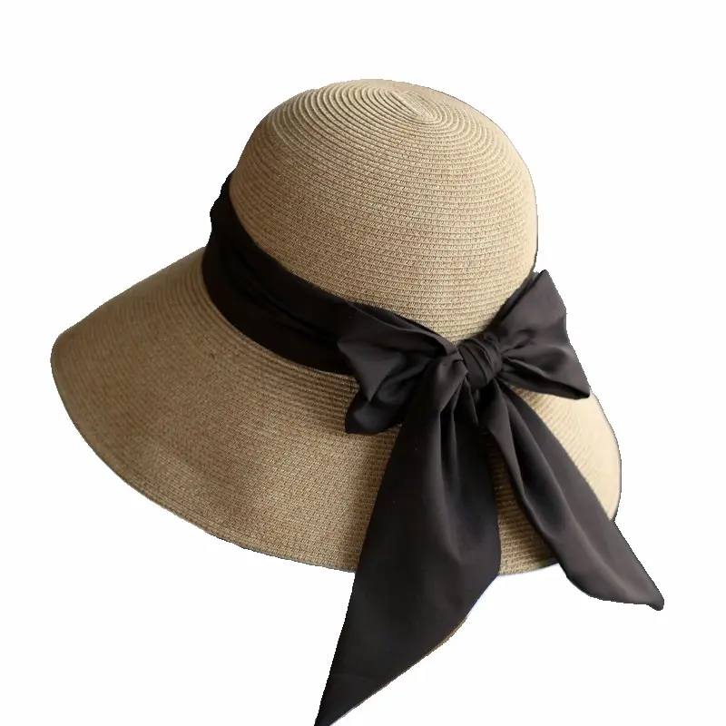 Korean Style Large Eave Bow Ribbon Beach Vacation Straw Hat Elegant Foldable Sun Protection And Face Covering Fisherman Hat