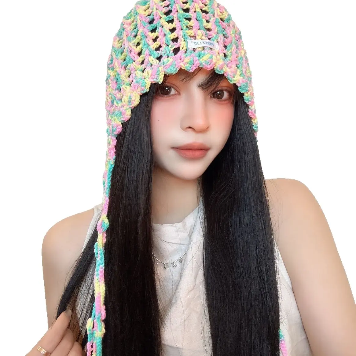 Fashionable Tassel Versatile Hollow Top Hat for Women's Personality, Sweet and Cool Knitted Yarn Hat, Korean Pullover Hat