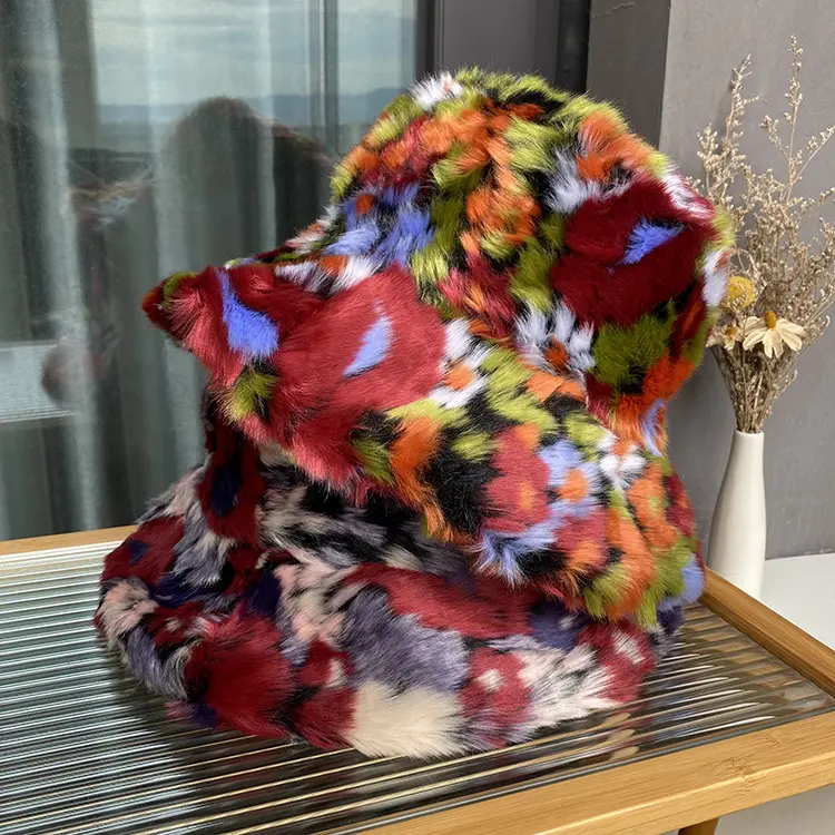 Korean Version Of The New faux Fur Fisherman Hat, Long Haired Colored Basin Hat, Women's Winter Warm Ear Protection Lei Feng Hat