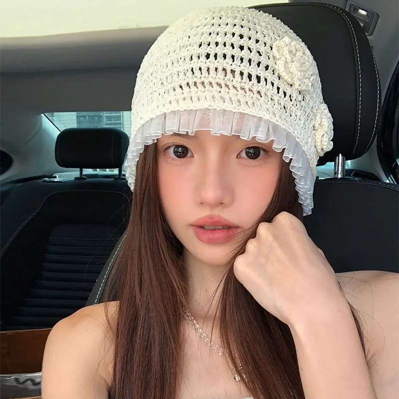 Hand Woven Three-dimensional Flower Head Cap, Women's Transparent Carved Air Fashionable Pullover Cap, Knitted Cold Hat
