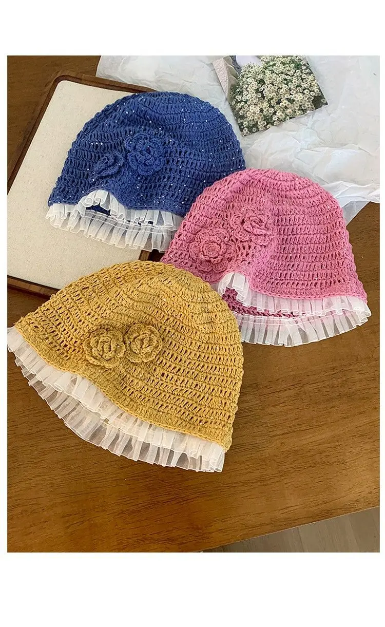 Hand Woven Three-dimensional Flower Head Cap, Women's Transparent Carved Air Fashionable Pullover Cap, Knitted Cold Hat