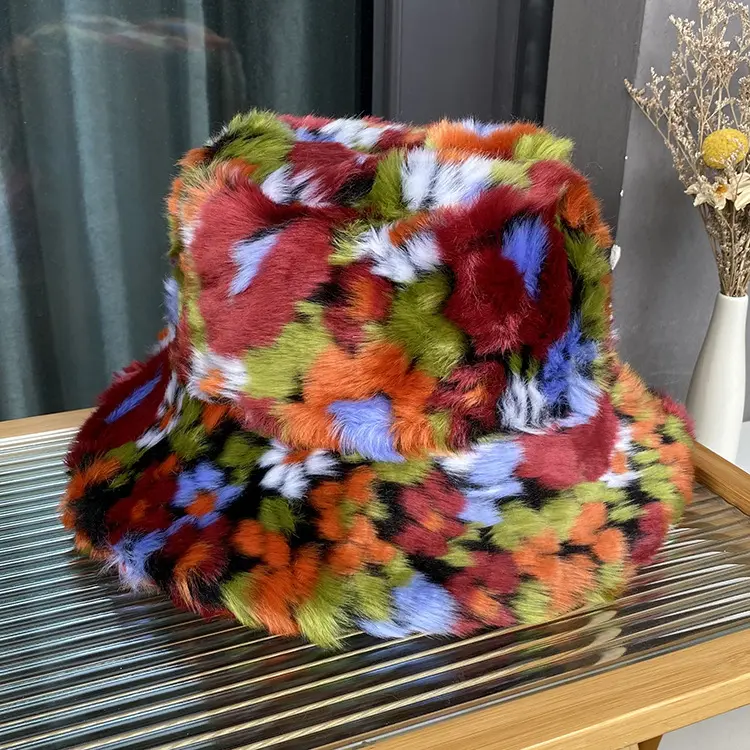 Korean Version Of The New faux Fur Fisherman Hat, Long Haired Colored Basin Hat, Women's Winter Warm Ear Protection Lei Feng Hat