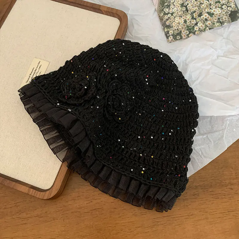 Hand Woven Three-dimensional Flower Head Cap, Women's Transparent Carved Air Fashionable Pullover Cap, Knitted Cold Hat