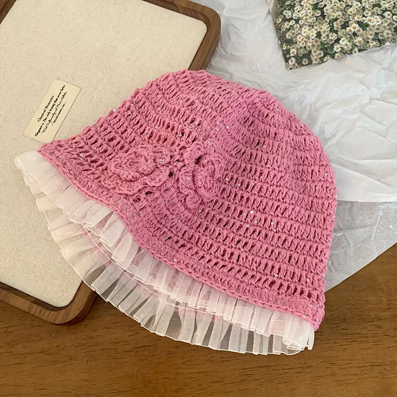 Hand Woven Three-dimensional Flower Head Cap, Women's Transparent Carved Air Fashionable Pullover Cap, Knitted Cold Hat