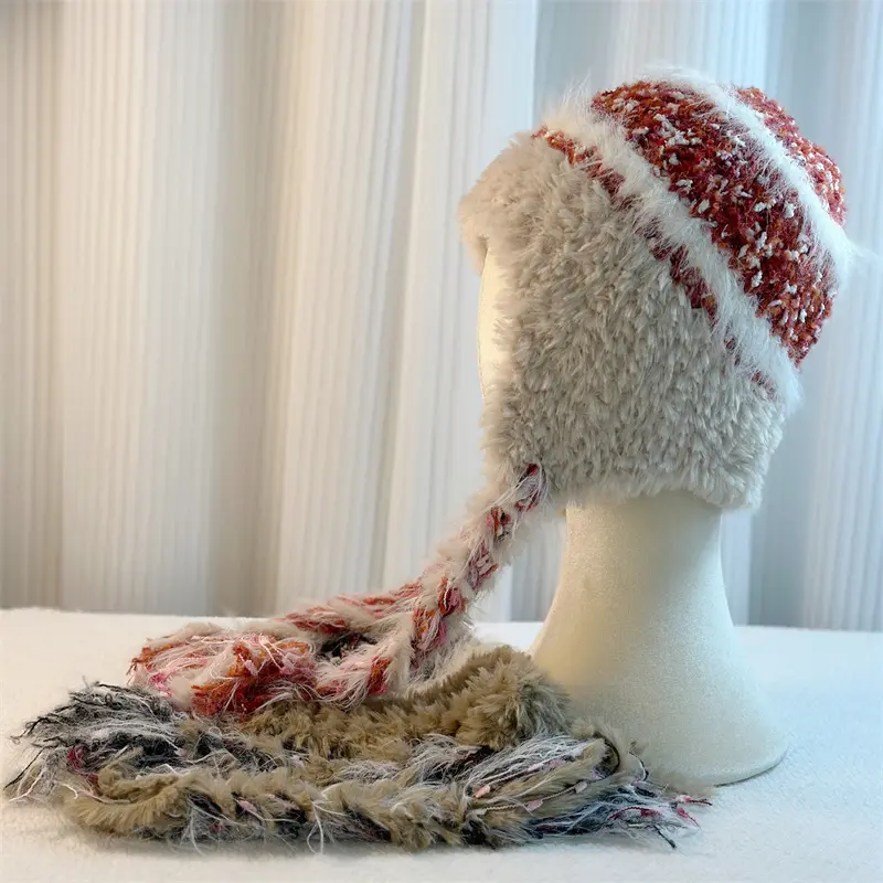 New Striped Plush Knitted Wool Hat Autumn and Winter Ear Protection, Warm and Cold Proof Braid Ear Protection Hat