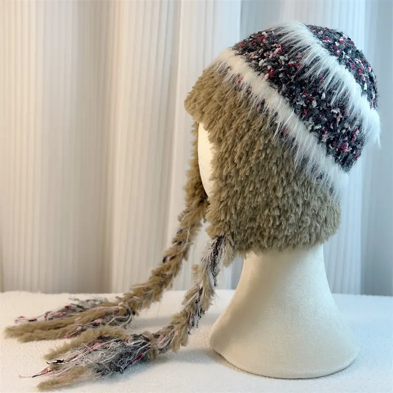 New Striped Plush Knitted Wool Hat Autumn and Winter Ear Protection, Warm and Cold Proof Braid Ear Protection Hat