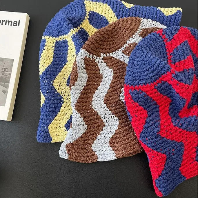 Korean Retro Contrasting Handmade Hat with Wide Wavy Pattern Knitted Fisherman Hat, High-end Versatile Yarn Basin Hat