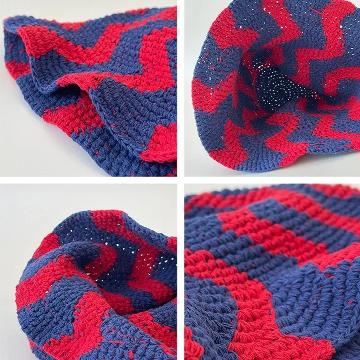 Korean Retro Contrasting Handmade Hat with Wide Wavy Pattern Knitted Fisherman Hat, High-end Versatile Yarn Basin Hat