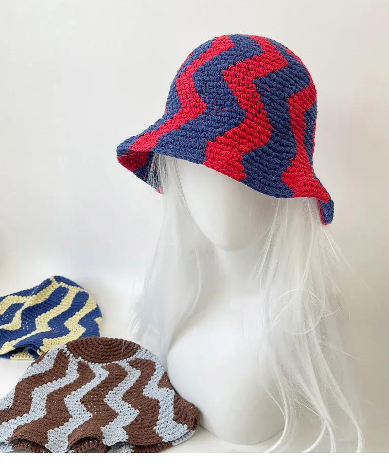 Korean Retro Contrasting Handmade Hat with Wide Wavy Pattern Knitted Fisherman Hat, High-end Versatile Yarn Basin Hat
