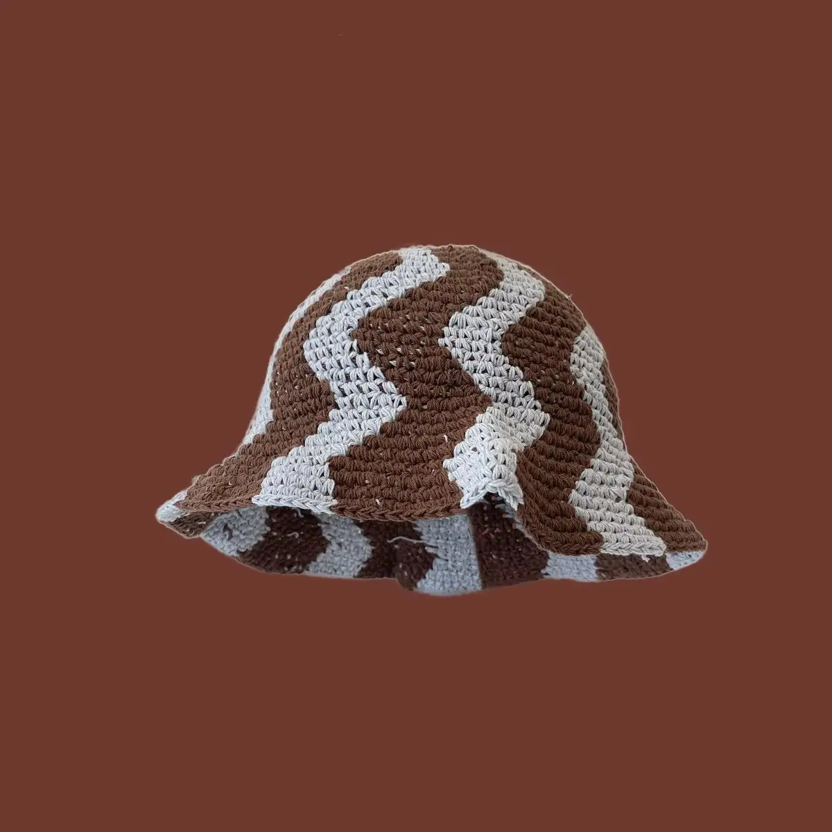 Korean Retro Contrasting Handmade Hat with Wide Wavy Pattern Knitted Fisherman Hat, High-end Versatile Yarn Basin Hat