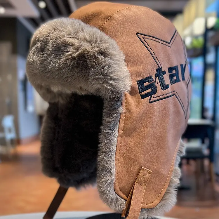 Lei Feng Hat Men and Women Retro PU Leather Thick Warm Plush Ear Protection Hat Cycling Skiing Pilot Hat