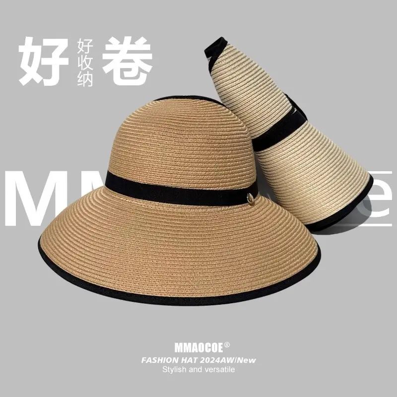 Empty Top Straw Hat for Summer Outings, Beach Shading, Sun Protection, Foldable Fashionable Bow Shaped Sun Hat