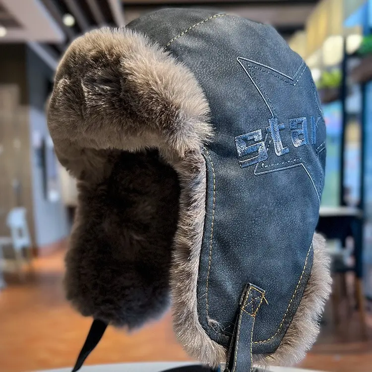 Lei Feng Hat Men and Women Retro PU Leather Thick Warm Plush Ear Protection Hat Cycling Skiing Pilot Hat