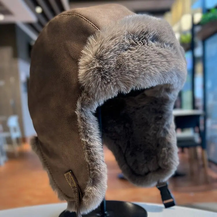 Lei Feng Hat Men and Women Retro PU Leather Thick Warm Plush Ear Protection Hat Cycling Skiing Pilot Hat