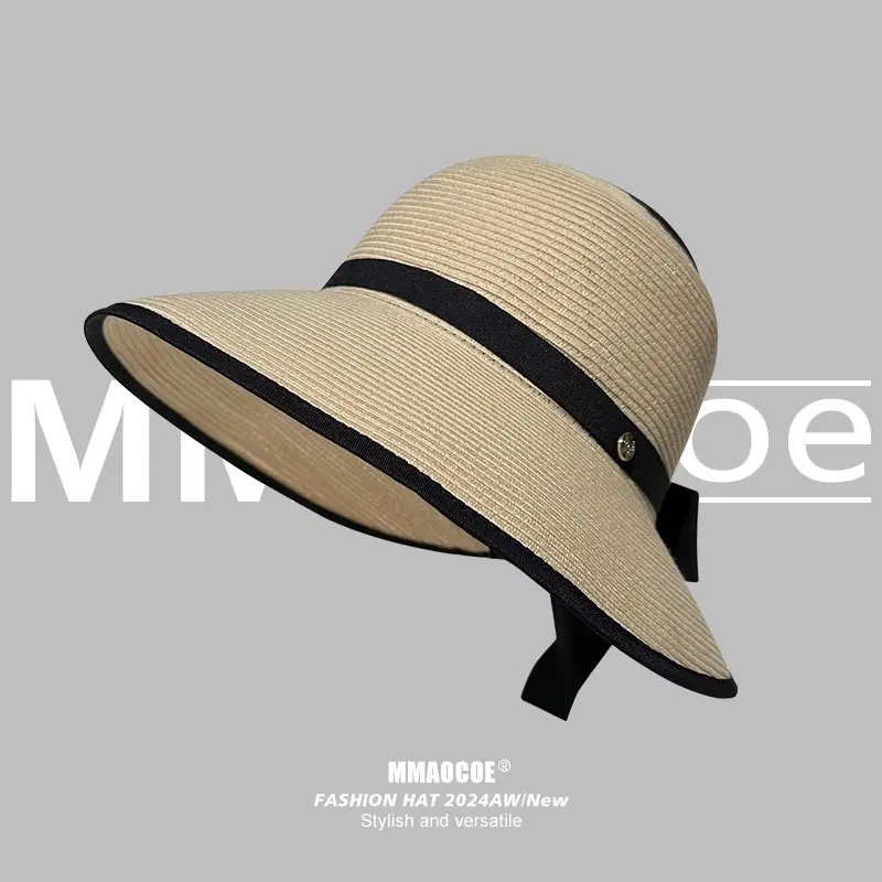 Empty Top Straw Hat for Summer Outings, Beach Shading, Sun Protection, Foldable Fashionable Bow Shaped Sun Hat