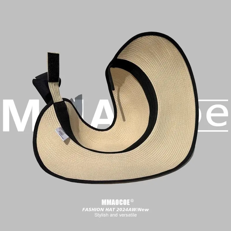 Empty Top Straw Hat for Summer Outings, Beach Shading, Sun Protection, Foldable Fashionable Bow Shaped Sun Hat