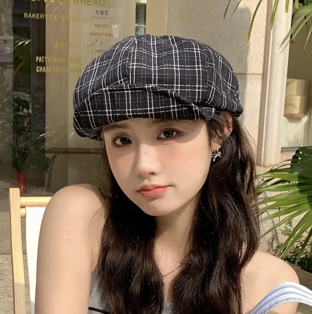 New Korean Plaid Beret for Women in Spring and Summer, Forest Style Artistic Versatile Newsboy Octagonal Hat, Painter's Hat