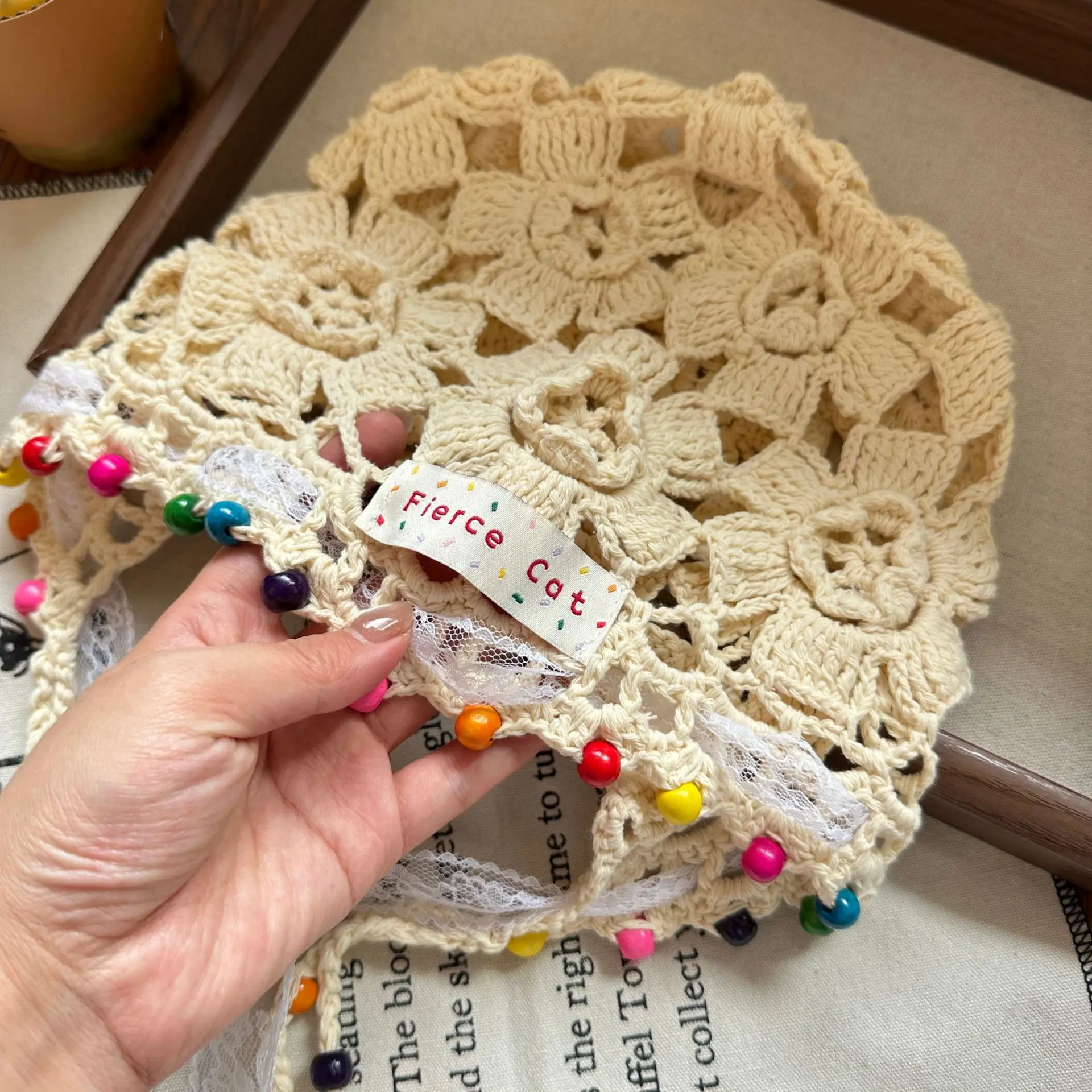 New Color Wooden Bead Tassel Knitted Hat for Women, Handmade Woven Hat, Thin Cut Hollow Ethnic Style Toe Cap