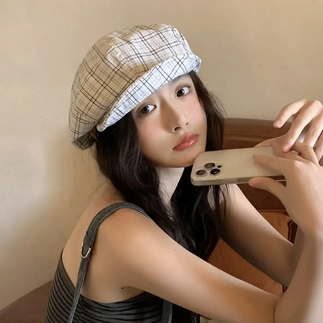New Korean Plaid Beret for Women in Spring and Summer, Forest Style Artistic Versatile Newsboy Octagonal Hat, Painter's Hat