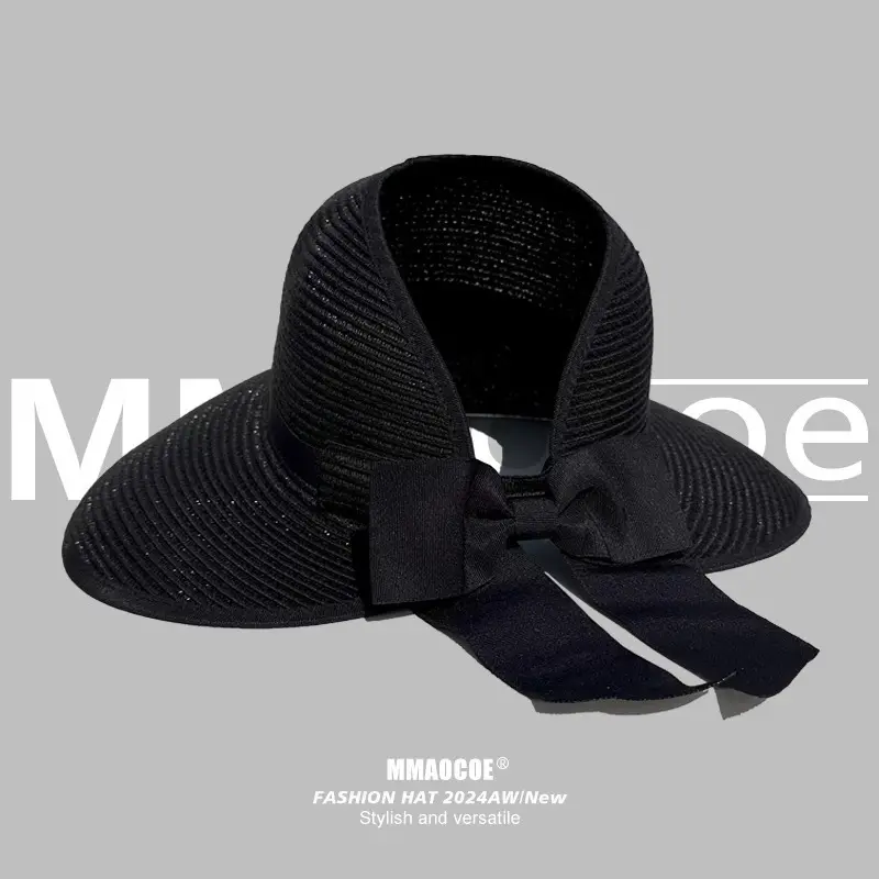 Empty Top Straw Hat for Summer Outings, Beach Shading, Sun Protection, Foldable Fashionable Bow Shaped Sun Hat