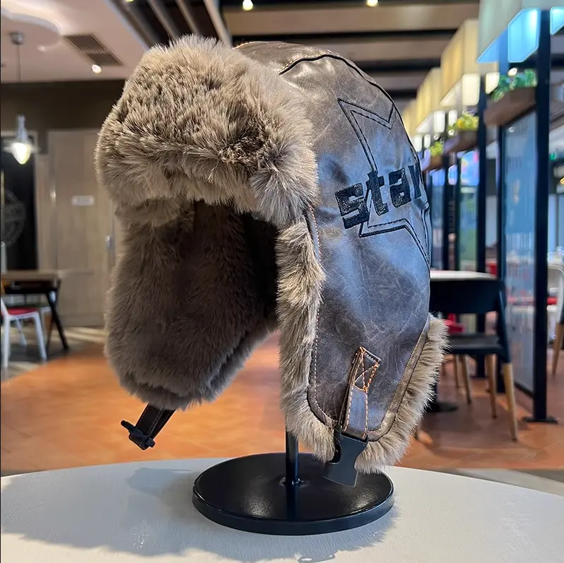 Lei Feng Hat Men and Women Retro PU Leather Thick Warm Plush Ear Protection Hat Cycling Skiing Pilot Hat