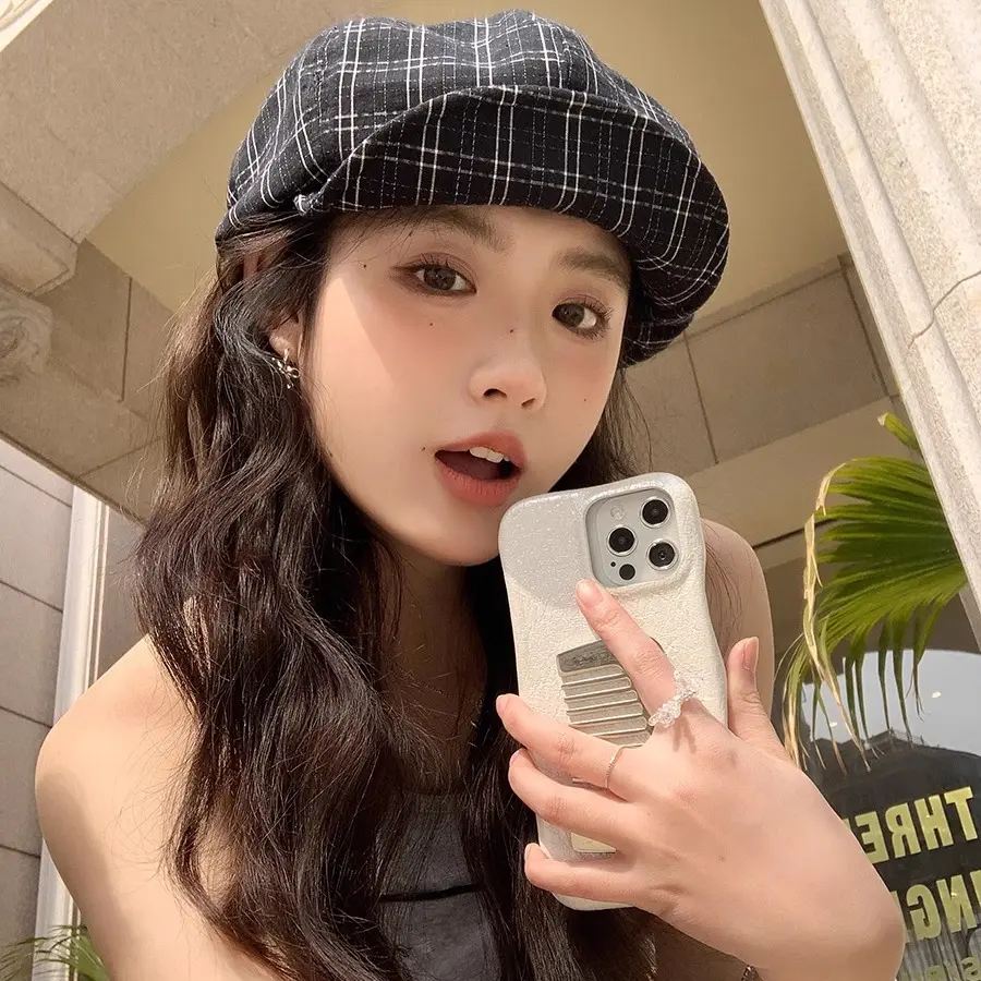 New Korean Plaid Beret for Women in Spring and Summer, Forest Style Artistic Versatile Newsboy Octagonal Hat, Painter's Hat