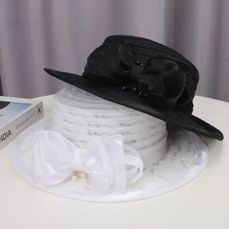 Summer Beige Top hat For Women French Retro Fashion Flat Top Straw Hat Breathable Lace flat Eave Sun Protection And Sunshade Hat