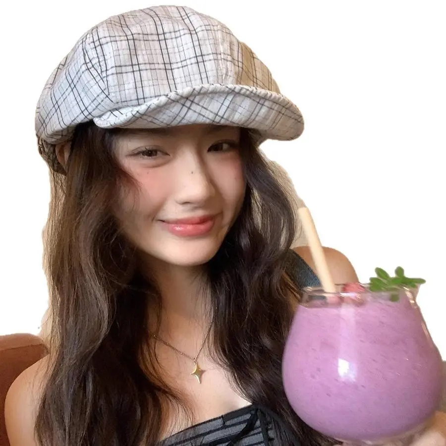 New Korean Plaid Beret for Women in Spring and Summer, Forest Style Artistic Versatile Newsboy Octagonal Hat, Painter's Hat