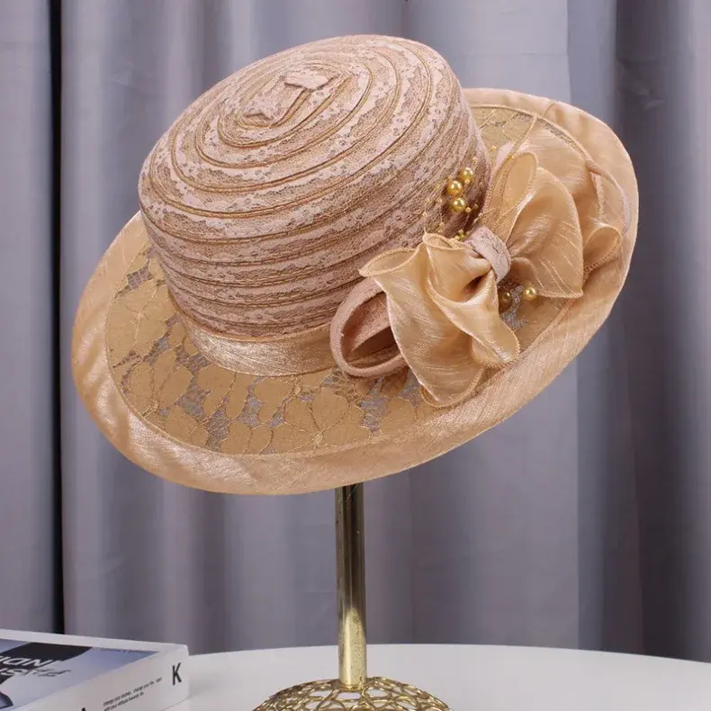 Summer Beige Top hat For Women French Retro Fashion Flat Top Straw Hat Breathable Lace flat Eave Sun Protection And Sunshade Hat