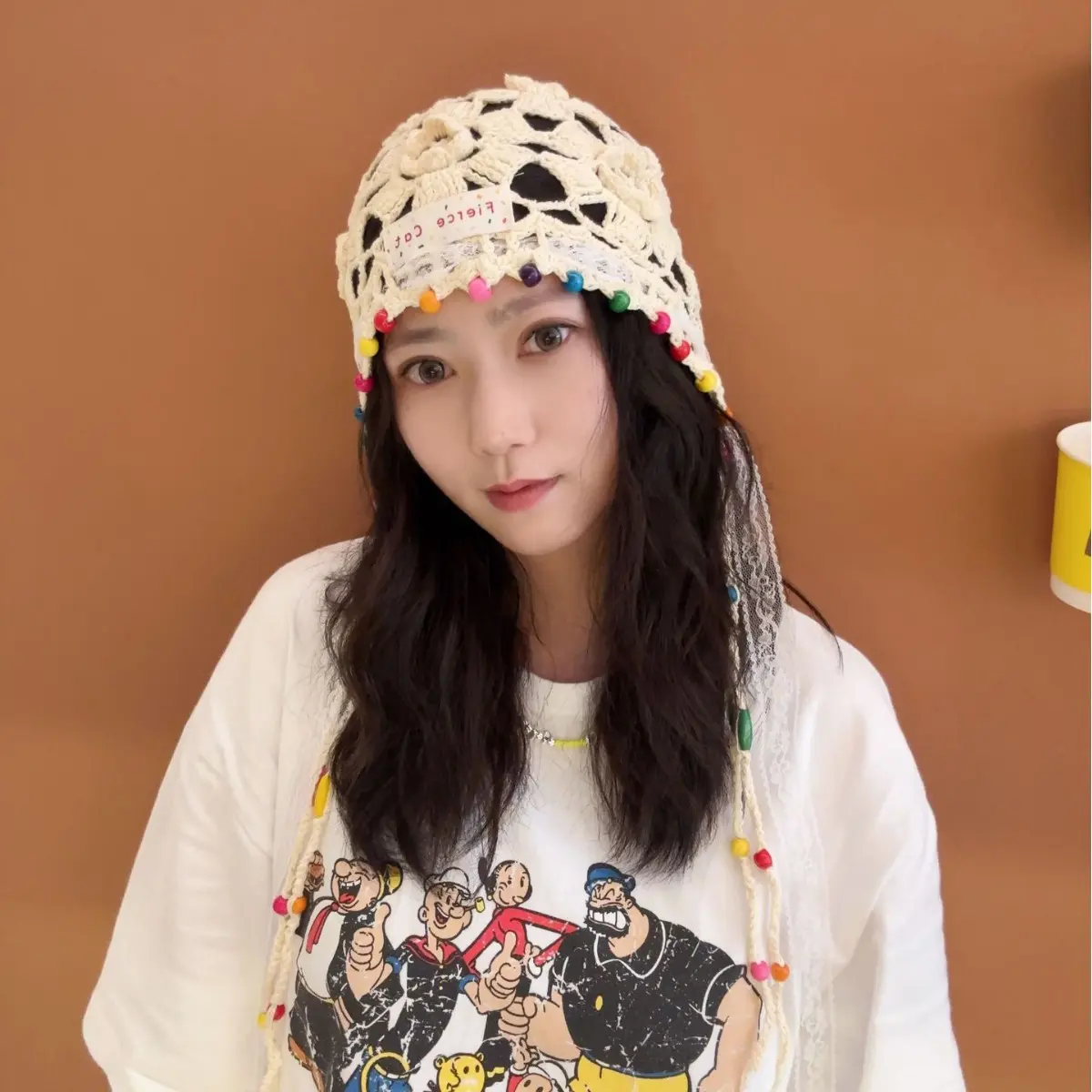 New Color Wooden Bead Tassel Knitted Hat for Women, Handmade Woven Hat, Thin Cut Hollow Ethnic Style Toe Cap