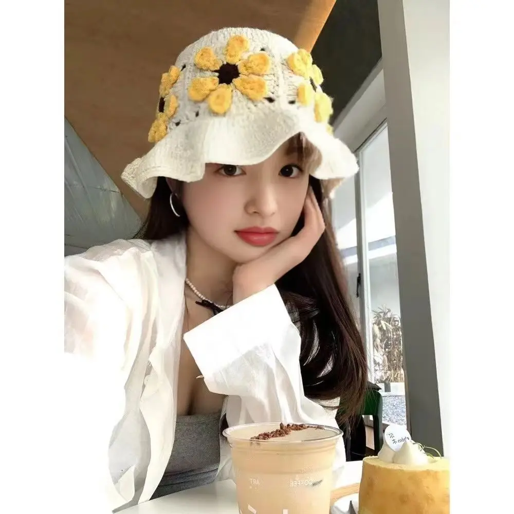 Autumn and Winter Vintage Flower Knitted Hat Versatile Hand Woven Hollow Head Cap Ethnic Style Head Cap Knitted Hat