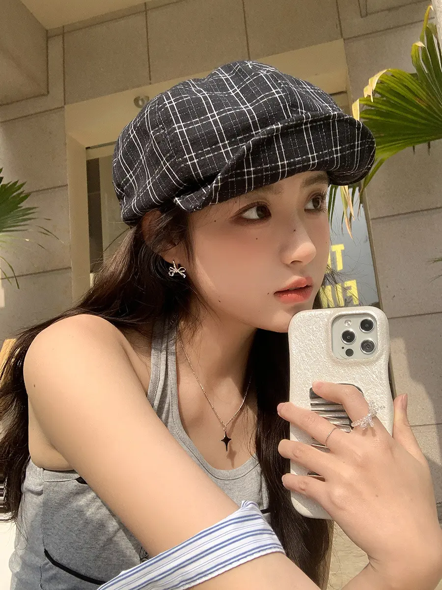 New Korean Plaid Beret for Women in Spring and Summer, Forest Style Artistic Versatile Newsboy Octagonal Hat, Painter's Hat