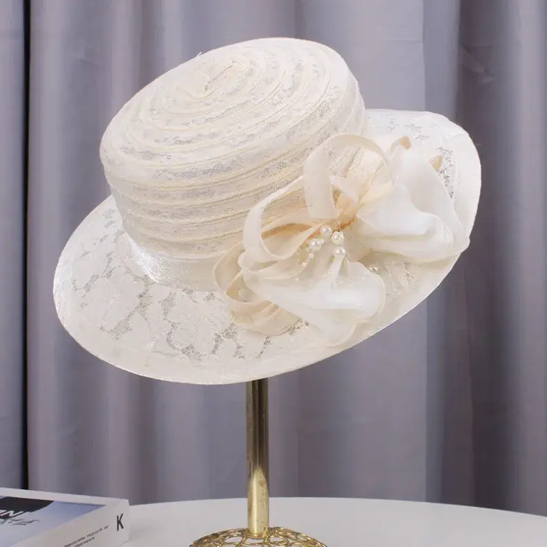Summer Beige Top hat For Women French Retro Fashion Flat Top Straw Hat Breathable Lace flat Eave Sun Protection And Sunshade Hat